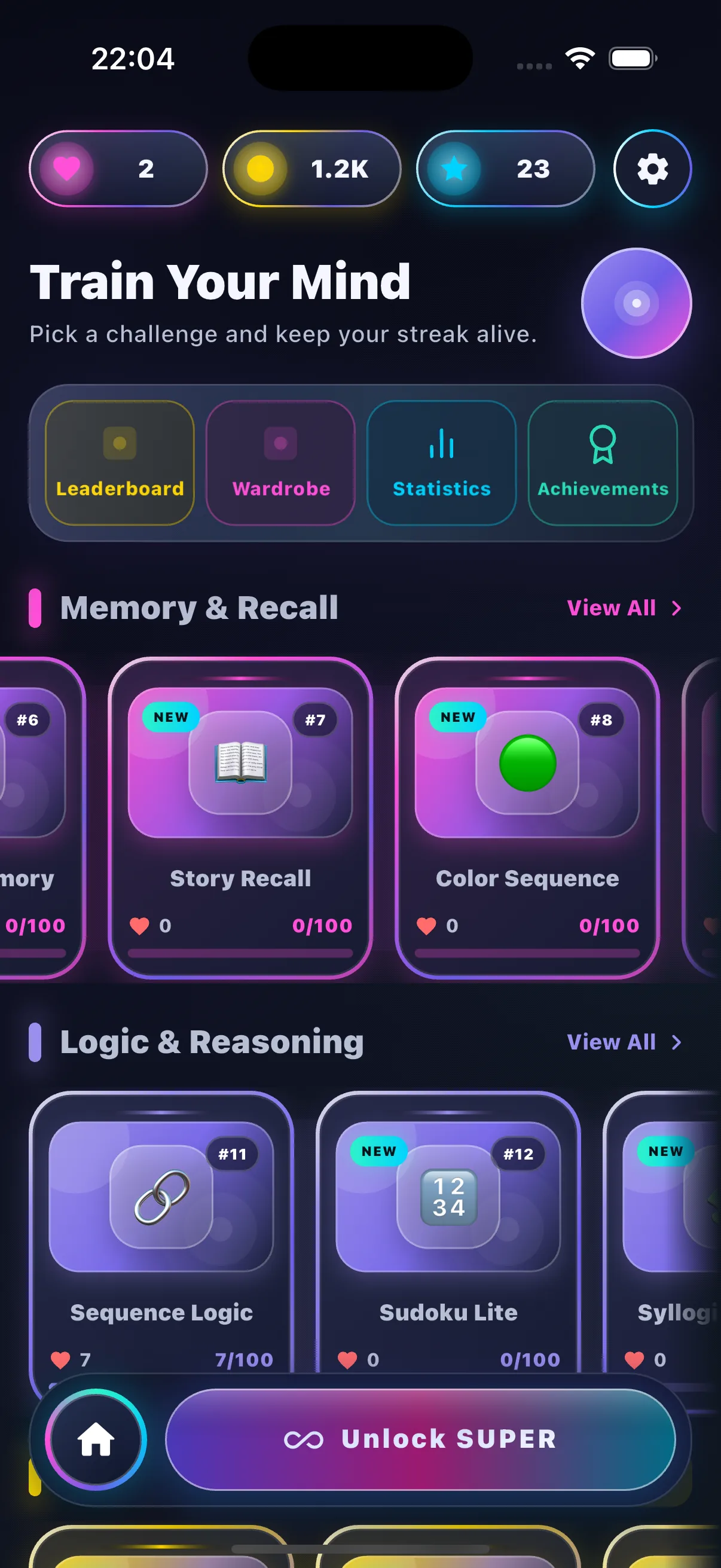 MINDCREST dark dashboard showing resources, cognitive categories, and game progression
