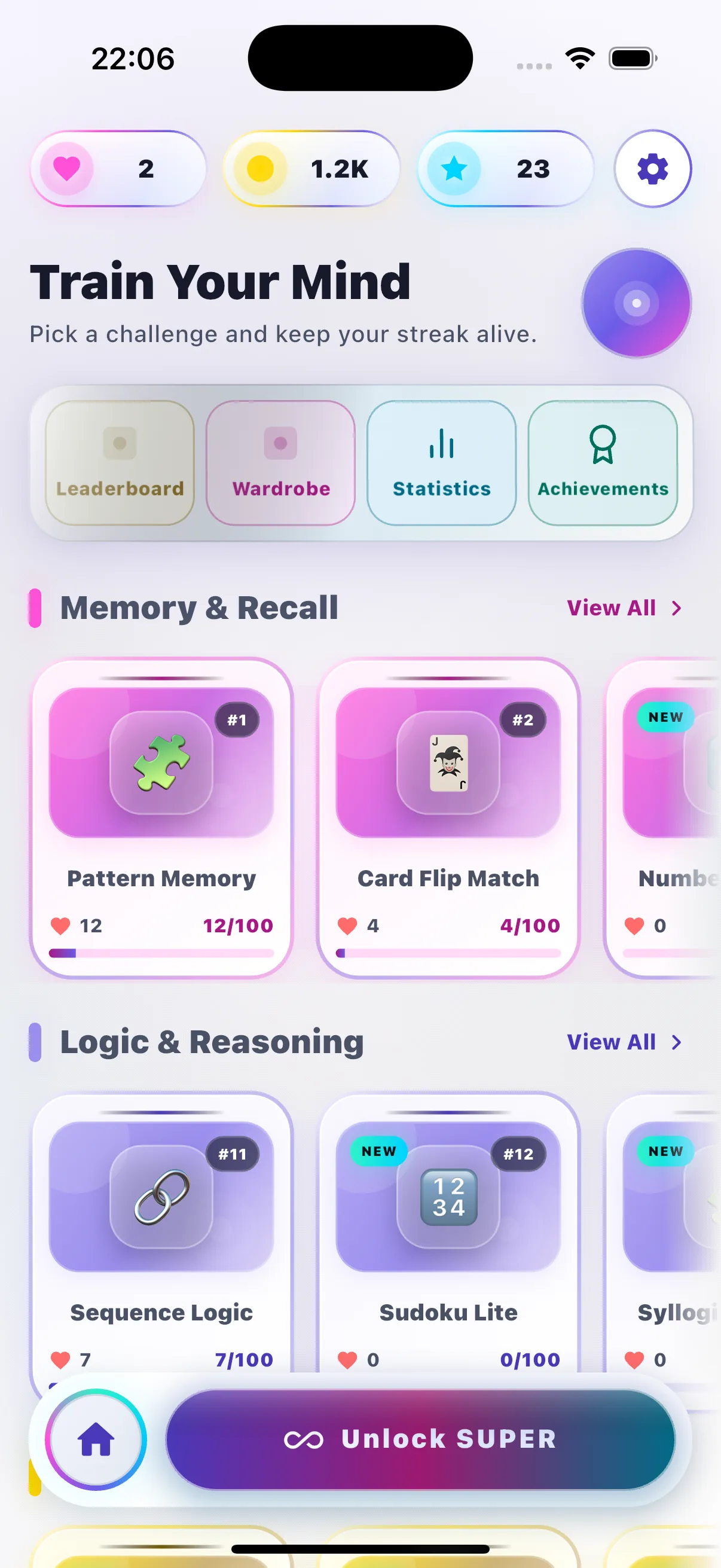 MINDCREST light dashboard showing memory and logic game collections
