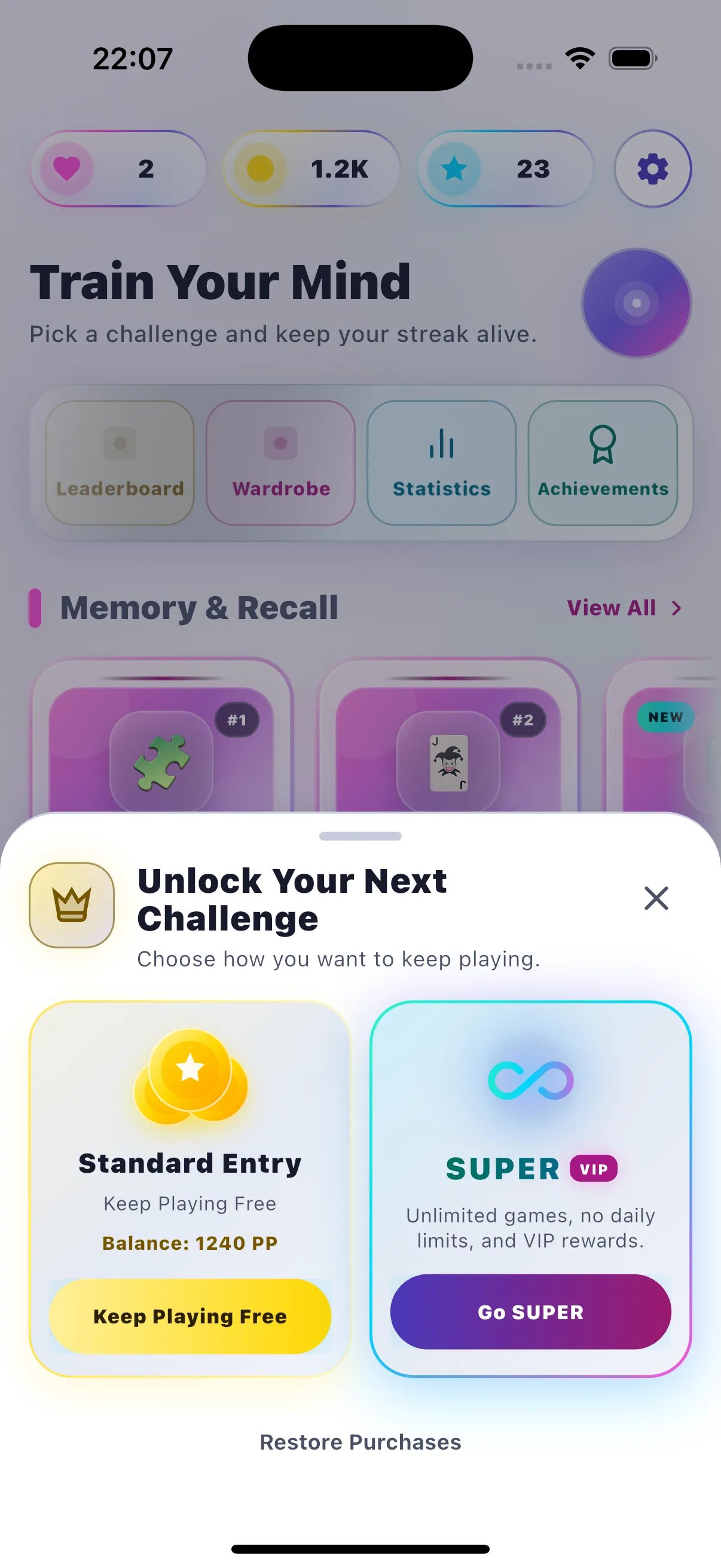 MINDCREST SUPER sheet comparing free entry and unlimited premium access
